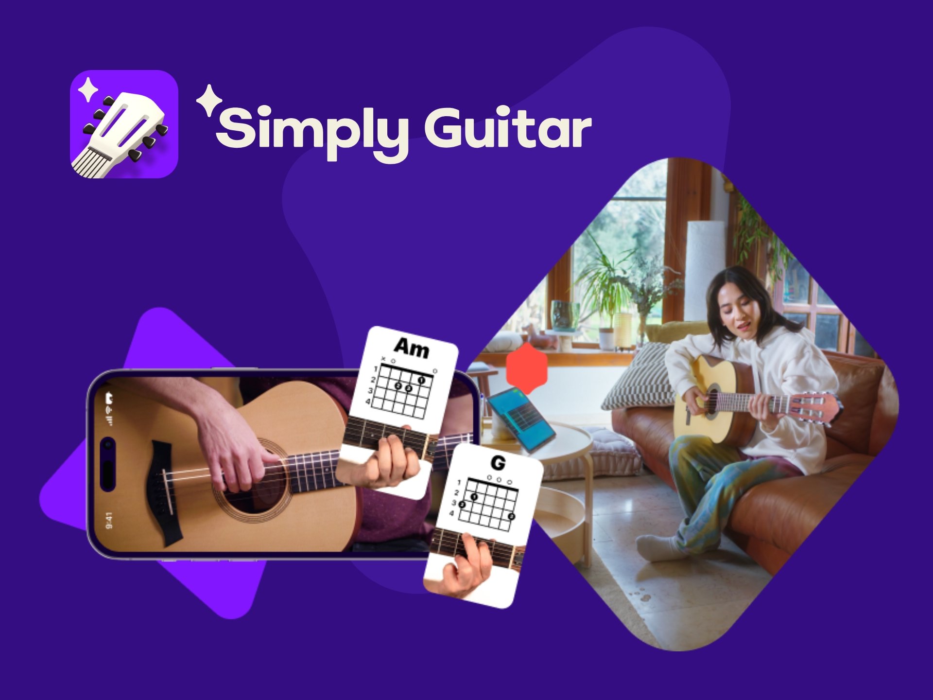 Simply Guitar品牌封面，显示优惠/促销信息